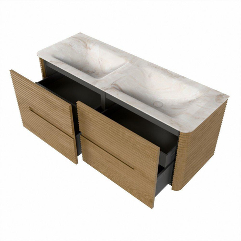 Mondiaz CIRO-DLUX Meuble de salle de bains - 130x45x50cm - Plan vasque solid surface Frappe - 2 vasques double - 2 trous de robinet - 4 tiroirs - Chêne SW1530872