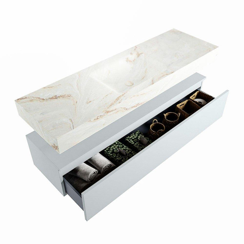 Mondiaz ALAN-DLUX Ensemble de meuble - 150cm - meuble Clay mat - 1 tiroir - Lavabo Cloud Frappe suspendu - vasque Centre - 0 trous de robinet SW805303