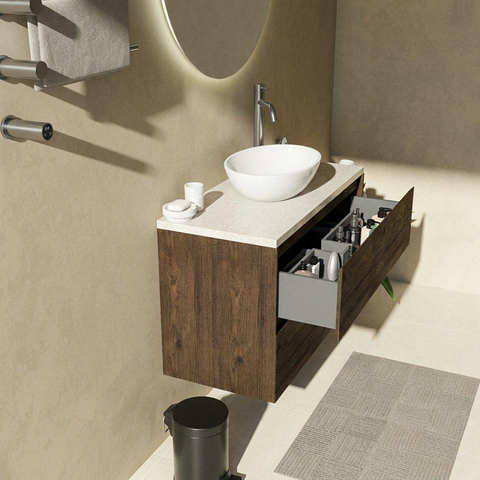 Saniclass Holz Pure Badkamermeubelset - 100x45x63cm - Travertine natuurstenen topblad - 1 kraangat - 2 lades - mat eiken charcoal (hout) SW1478870
