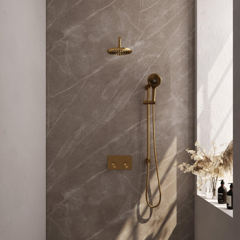 BRAUER Gold Carving Thermostatische Regendouche inbouw - drukknoppen - SET 69 - 20cm hoofddouche - gebogen muurarm - 3 standen handdouche - doucheslang - geïntegreerde glijstang - goud geborsteld PVD SW925640