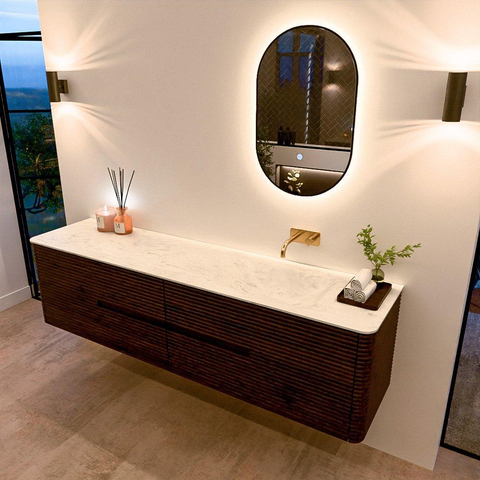 Mondiaz CIRO-DLUX Badkamermeubelset - 190x45x50cm - Solid surface wastafel Opalo - 1 wasbak Rechts - zonder kraangaten - 4 lades - Walnut SW1530342