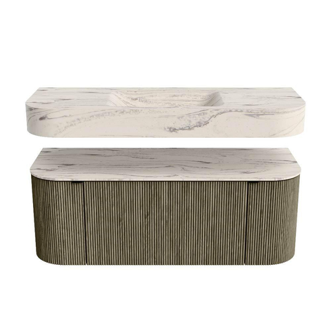 MONDIAZ THOR-DLUX 120cm meuble de salle de bains arrondi gauche + droite couleur Shadow avec 1 tiroir et 2 portes. Vasque suspendue CLOUD Milieu sans trou de robinet couleur Nata. SW1463414