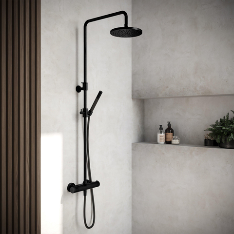 Hotbath Cobber thermostatische regendoucheset met 20cm ronde hoofddouche staafhanddouche mat zwart SHOWROOMMODEL SHOW23115