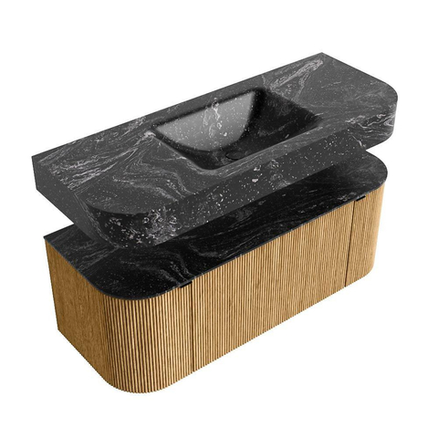 MONDIAZ THOR-DLUX 120cm badmeubel ronding links + rechts kleur Oak met 1 lade en 2 deuren. Vrijhangende wastafel CLOUD Midden zonder kraangat kleur Lava. SW1463097