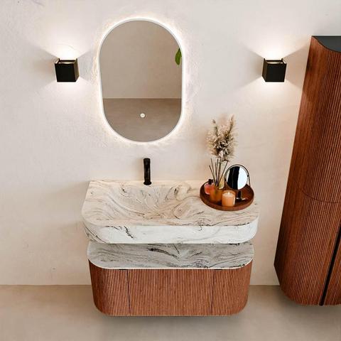 MONDIAZ THOR-DLUX 100cm meuble de salle de bains arrondi gauche + droite couleur Ruby avec 1 tiroir et 2 portes. Vasque suspendue CLOUD Gauche 1 trou de robinet couleur Glace. SW1467411