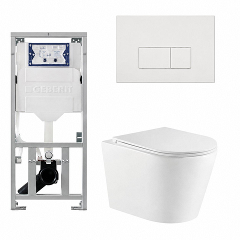 QeramiQ Dely Toiletset - 36.3x51.7cm - diepspoel - rimless - Geberit UP320 inbouwreservoir - met Burda frame - softclose toiletzitting - glans witte bedieningsplaat - rechthoekige knoppen - mat wit SW1102471