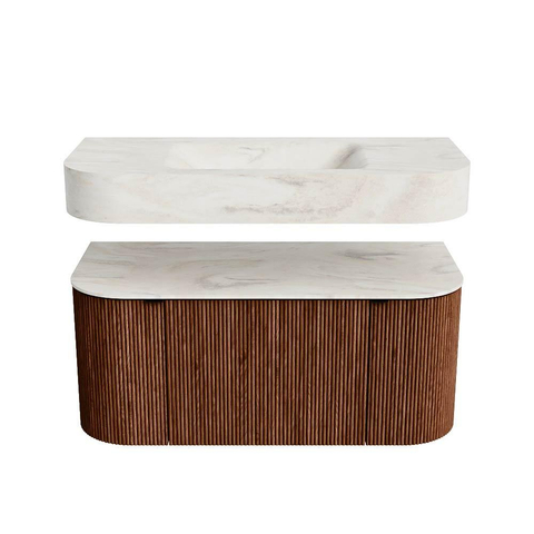MONDIAZ THOR-DLUX 100cm meuble de salle de bains arrondi gauche + droite couleur Ruby avec 1 tiroir et 2 portes. Vasque suspendue CLOUD Milieu 1 trou de robinet couleur Ostra. SW1467424