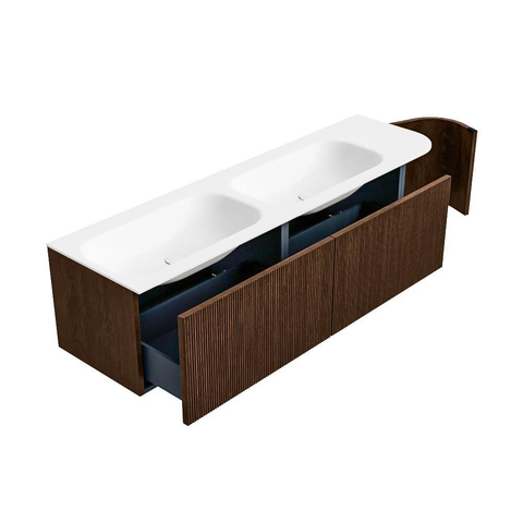 MONDIAZ KURVE 165cm meuble de salle de bains avec module 25 R couleur Walnut avec 2 tiroirs et 1 porte. Plan-vasque BIG SMALL double / gauche sans trou de robinet Talc. SW1138313