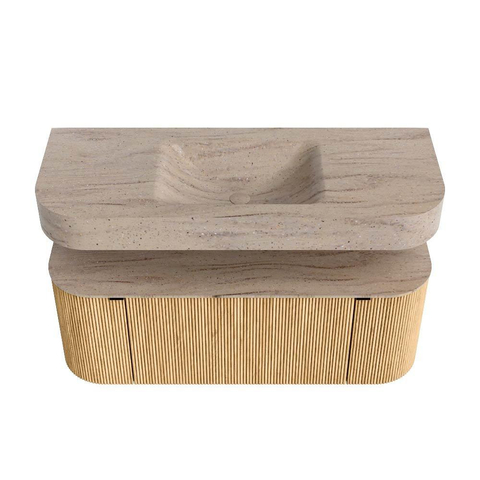 MONDIAZ THOR-DLUX 120cm badmeubel ronding links + rechts kleur Oak met 1 lade en 2 deuren. Vrijhangende wastafel CLOUD Midden zonder kraangat kleur Saba. SW1463439