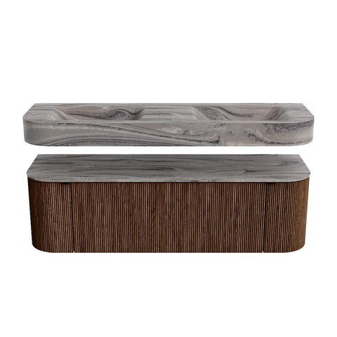 MONDIAZ THOR-DLUX 150cm meuble de salle de bains arrondi gauche + droite couleur Walnut avec 1 tiroir et 2 portes. Vasque suspendue CLOUD Double 2 trous de robinet couleur Sombra. SW1464945
