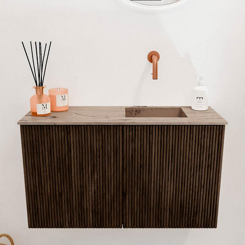 Mondiaz JOYA-DLUX 70cm toiletmeubel - kleur Walnut - Wastafel FAYE positie Rechts Zonder kraangat kleur Arena. SW1424330