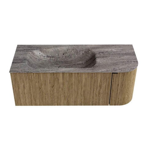 MONDIAZ KURVE-DLUX Meuble de salle de bains 115cm arrondi à droite couleur Dusk avec 1 tiroir et 1 porte. Lavabo BIG SMALL gauche sans trou de robinet Oza. SW1432980