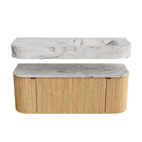 MONDIAZ THOR-DLUX 120cm meuble de salle de bains arrondi gauche + droite couleur Oak avec 1 tiroir et 2 portes. Vasque suspendue CLOUD Droite sans trou de robinet couleur Glace. SW1463087