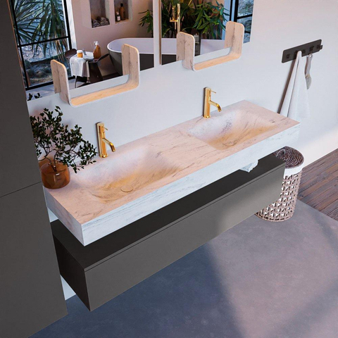 Mondiaz ALAN-DLUX Ensemble de meuble - 150cm - meuble Dark grey mat - 1 tiroir - Lavabo Cloud Opalo suspendu - vasque Gauche et droite - 2 trous de robinet SW806507