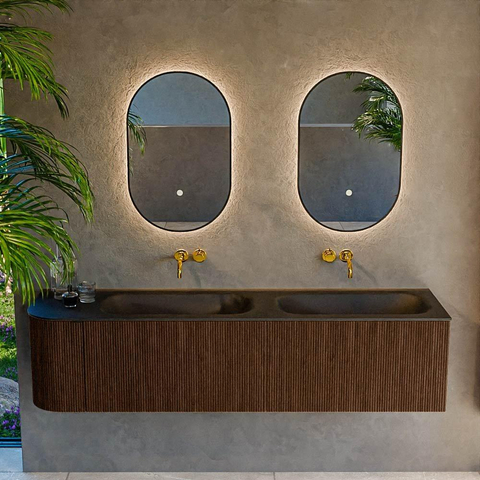MONDIAZ KURVE 175cm meuble de salle de bains avec module 25 L couleur Walnut avec 2 tiroirs et 1 porte. Lavabo BIG SMALL double / droite sans trou de robinet Urban. SW1138527