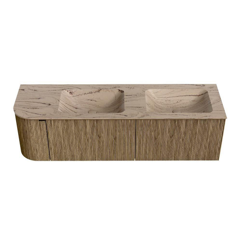 MONDIAZ KURVE-DLUX Meuble de salle de bains 155cm arrondi à gauche couleur Dusk avec 2 tiroirs et 1 porte. Lavabo LEAF Double / Droite 2 trous de robinet Arena. SW1431423