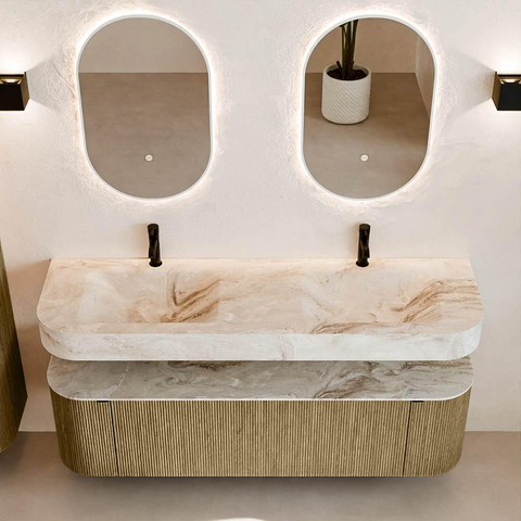 MONDIAZ THOR-DLUX 160cm meuble de salle de bains arrondi gauche + droite couleur Dusk avec 1 tiroir et 2 portes. Vasque suspendue CLOUD Double 2 trous de robinet couleur Frappe. SW1465039