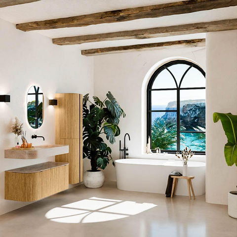 MONDIAZ THOR-DLUX 110cm meuble de salle de bains arrondi gauche + droite couleur Oak avec 1 tiroir et 2 portes. Vasque suspendue CLOUD Droite sans trou de robinet couleur Saba. SW1463006