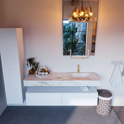 Mondiaz ALAN-DLUX Ensemble de meuble - 150cm - meuble Talc mat - 2 tiroirs - Lavabo Cloud Frappe suspendu - vasque Droite - 1 trou de robinet SW805361