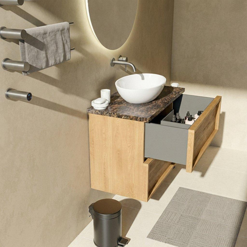 Saniclass Holz Frame Ensemble de meubles de salle de bains - 80x45x63cm - plan de travail en pierre naturelle Noche dark emperador - sans trou de robinetterie - 2 tiroirs - chêne naturel mat (bois) SW1579946