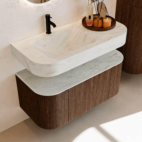 MONDIAZ THOR-DLUX Meuble de salle de bains - 100cm - arrondi gauche + droite - couleur Walnut - 1 tiroir et 2 portes - Vasque suspendue CLOUD Gauche 1 trou de robinet - couleur Opalo SW1467372