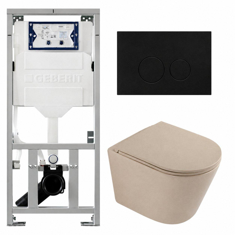 QeramiQ Dely Pack WC - 36,3x51,7cm - à fond creux - sans bride - réservoir encastré Geberit UP320 - abattant WC à fermeture douce - plaque de commande en métal noir mat - boutons ronds - beige mat SW1242421