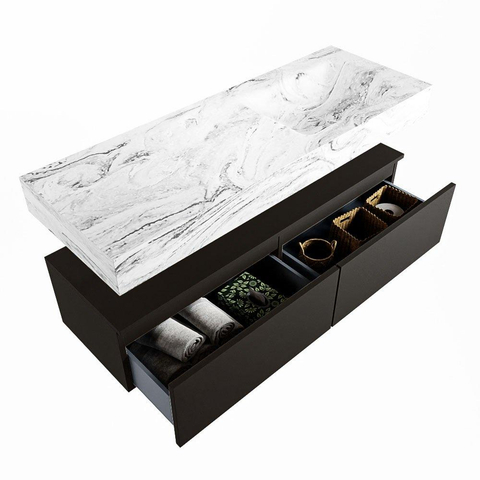 Mondiaz ALAN-DLUX Ensemble de meuble - 130cm - meuble Urban mat - 2 tiroirs - Lavabo Cloud Glace suspendu - vasque Droite - 0 trous de robinet SW805602