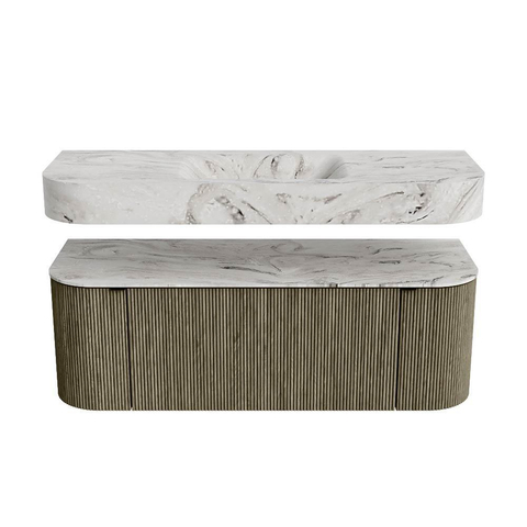 MONDIAZ THOR-DLUX 130cm meuble de salle de bains arrondi gauche + droite couleur Shadow avec 1 tiroir et 2 portes. Vasque suspendue CLOUD Milieu 1 trou de robinet couleur Glace. SW1467655