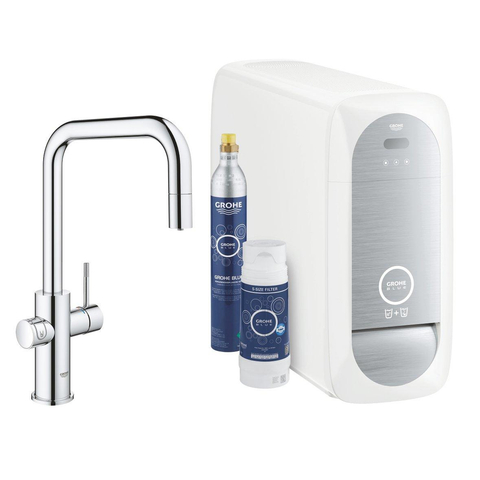 GROHE Blue Home Robinet de cuisine - bec en U extractible - 1 trou - fonction de filtration - eau plate légère et gazeuse - chrome SW236971