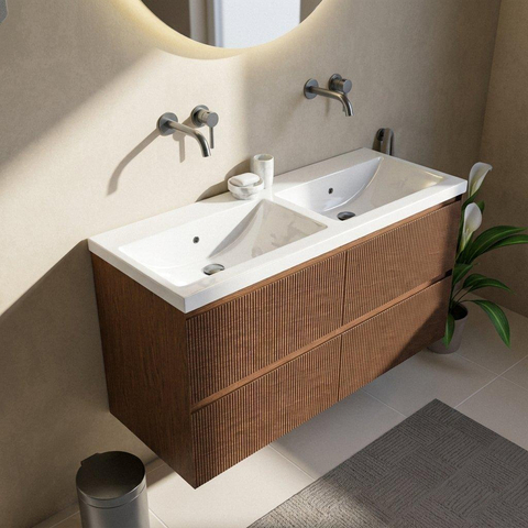 Saniclass Holz Atelier Badkamermeubelset - 120x45x63.5cm - Bari keramische wastafel wit - 2 wasbakken - zonder kraangaten - 2 lades - mat walnut pure (hout) SW1478772