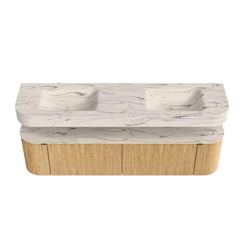 MONDIAZ THOR-DLUX 180cm meuble de salle de bains arrondi gauche + droite couleur Oak avec 2 tiroirs et 2 portes. Vasque suspendue CLOUD Double sans trou de robinet couleur Nata. SW1466188