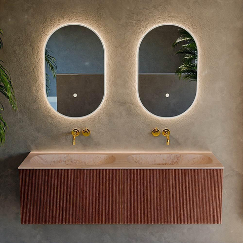 MONDIAZ KURVE-DLUX Meuble de salle de bains 140cm couleur Ruby avec 2 tiroirs et 0 portes. Lavabo STOR SMALL Double sans trou de robinet Saba. SW1433508