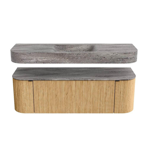 MONDIAZ THOR-DLUX 140cm badmeubel ronding links + rechts kleur Oak met 1 lade en 2 deuren. Vrijhangende wastafel CLOUD Midden 1 kraangat kleur Oza. SW1464270