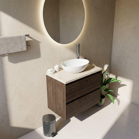 Saniclass Holz Pure Badkamermeubelset - 80x45x63cm - Travertine natuurstenen topblad - 1 kraangat - 2 lades - mat eiken charcoal (hout) SW1478855