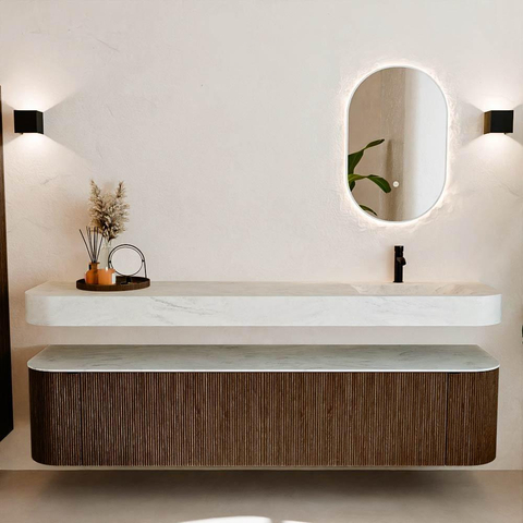 MONDIAZ THOR-DLUX Meuble de salle de bains - 200cm - arrondi gauche + droite - couleur Walnut - 2 tiroirs et 2 portes - Vasque suspendue CLOUD droite 1 trou de robinet - couleur Opalo SW1466819