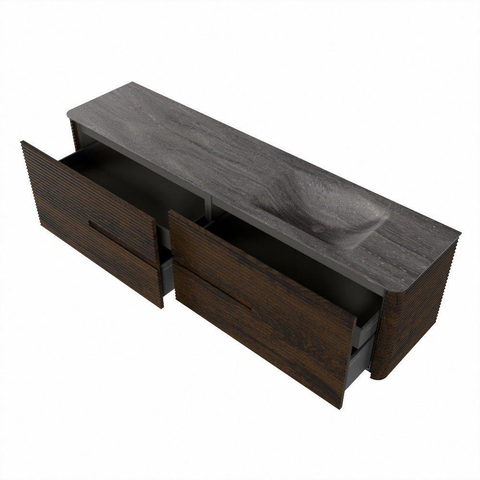 Mondiaz CIRO-DLUX Meuble de salle de bains - 190x45x50cm - Plan vasque solid surface Oza - 1 vasque à droite - sans trous de robinet - 4 tiroirs - Noyer SW1530700