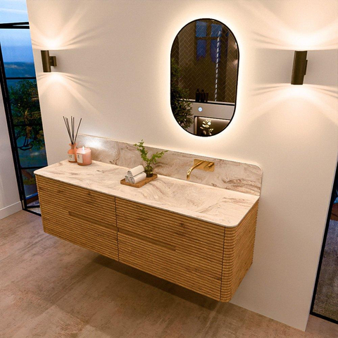 Mondiaz CIRO-DLUX Badkamermeubelset - 160x45x50cm - Solid surface wastafel Frappe - 1 wasbak Rechts - zonder kraangaten - 4 lades - Oak SW1530884