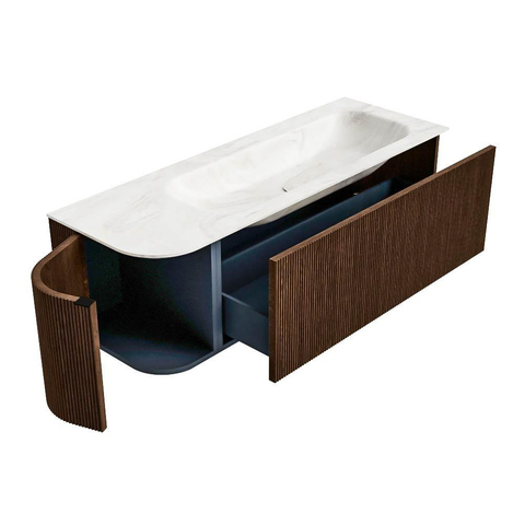 MONDIAZ KURVE-DLUX Meuble de salle de bains 135 cm avec module 25 L couleur Walnut avec 1 tiroir et 1 porte. Lavabo BIG MEDIUM à droite sans trou de robinet couleur Ostra. SW1137834