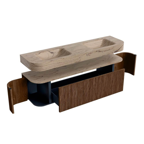 MONDIAZ THOR-DLUX 170cm meuble de salle de bains arrondi gauche + droite couleur Walnut avec 1 tiroir et 2 portes. Vasque suspendue CLOUD Double 2 trous de robinet couleur Arena. SW1465821