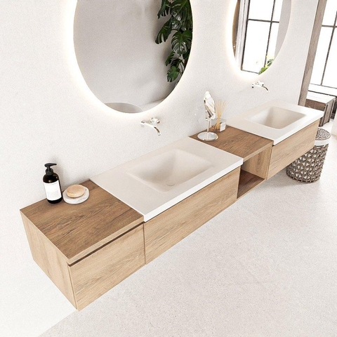 MONDIAZ BUKLA 240cm ensemble de meuble avec module ouvert 40 à droite couleur Chêne blanchi avec 3 tiroirs. Lavabo CLOUD double 0 trou de robinet couleur Talc. SW1382211