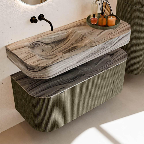 MONDIAZ THOR-DLUX Meuble de salle de bains 110cm arrondi gauche + droite couleur Shadow avec 1 tiroir et 2 portes. Vasque suspendue CLOUD Gauche sans trou de robinet couleur Sombra. SW1463024