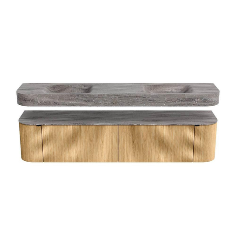 MONDIAZ THOR-DLUX 200cm meuble de salle de bains arrondi gauche + droite couleur Oak avec 2 tiroirs et 2 portes. Vasque suspendue CLOUD Double 2 trous de robinet couleur Oza. SW1467183