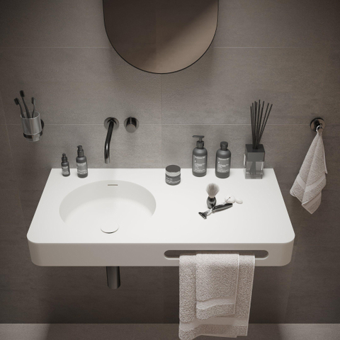 Ideavit Solidbrio Wastafel 90x48x10cm rechthoek 0 kraangaten 1 wasbak met handdoekhouder Solid surface wit SW85931