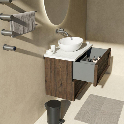 Saniclass Holz Frame Ensemble de meubles de salle de bains - 80x45x63cm - plan vasque en marbre Dia poli (blanc) - sans trou de robinetterie - 2 tiroirs - chêne charcoal mat (bois) SW1579951
