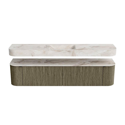 MONDIAZ THOR-DLUX 200cm meuble de salle de bains arrondi gauche + droite couleur Shadow avec 2 tiroirs et 2 portes. Vasque suspendue CLOUD Milieu sans trou de robinet couleur Frappe. SW1467026