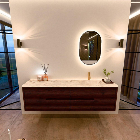 Mondiaz CIRO-DLUX Badkamermeubelset - 180x45x50cm - Solid surface wastafel Frappe - 1 wasbak Rechts - 1 kraangat - 4 lades - Ruby SW1531681