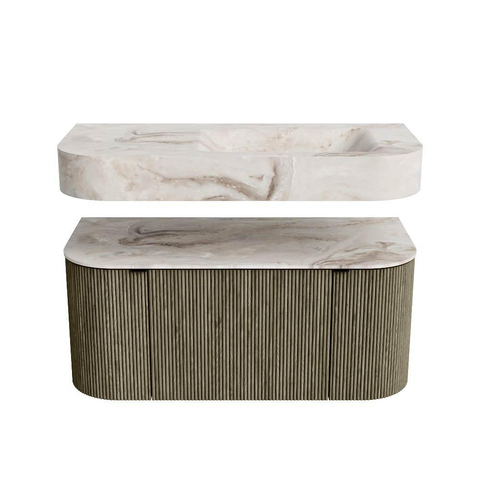 MONDIAZ THOR-DLUX 100cm meuble de salle de bains arrondi gauche + droite couleur Shadow avec 1 tiroir et 2 portes. Vasque suspendue CLOUD Droite sans trou de robinet couleur Frappe. SW1467434