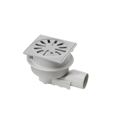 Aquaberg ABS vloerput met RVS rooster met onderuitloop Ø50mm en zijuitloop Ø40mm 100x100mm met PPC reukafsluiter reukslot 37mm TWEEDEKANS OUT14794