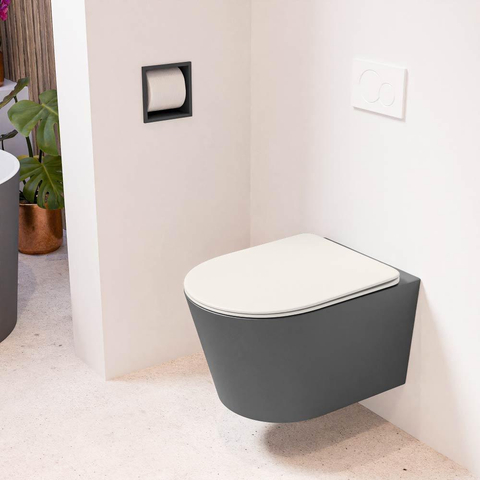 Mondiaz LAVIE hangtoilet – spoelrandloos – 36 x 53 cm – met softclose zitting – Dark grey (grijs), zitting Linen (offwhite) SW1208648