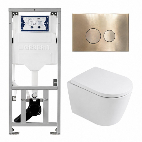QeramiQ Dely Toiletset - 36.3x51.7cm - diepspoel - rimless - Geberit UP320 inbouwreservoir - softclose toilet zitting - 35mm - geborsteld messing bedieningsplaat - ronde knoppen - mat wit SW1235379